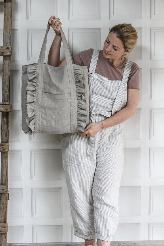 Ruffled Tote Bag From Linen Linen Shopping With Ruffles - Etsy