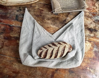 Linen bento bag, raw linen bread loaf bag, organic food storage, vintage linen origami knot bag, reusable lunch linen bag, hostess gift chef