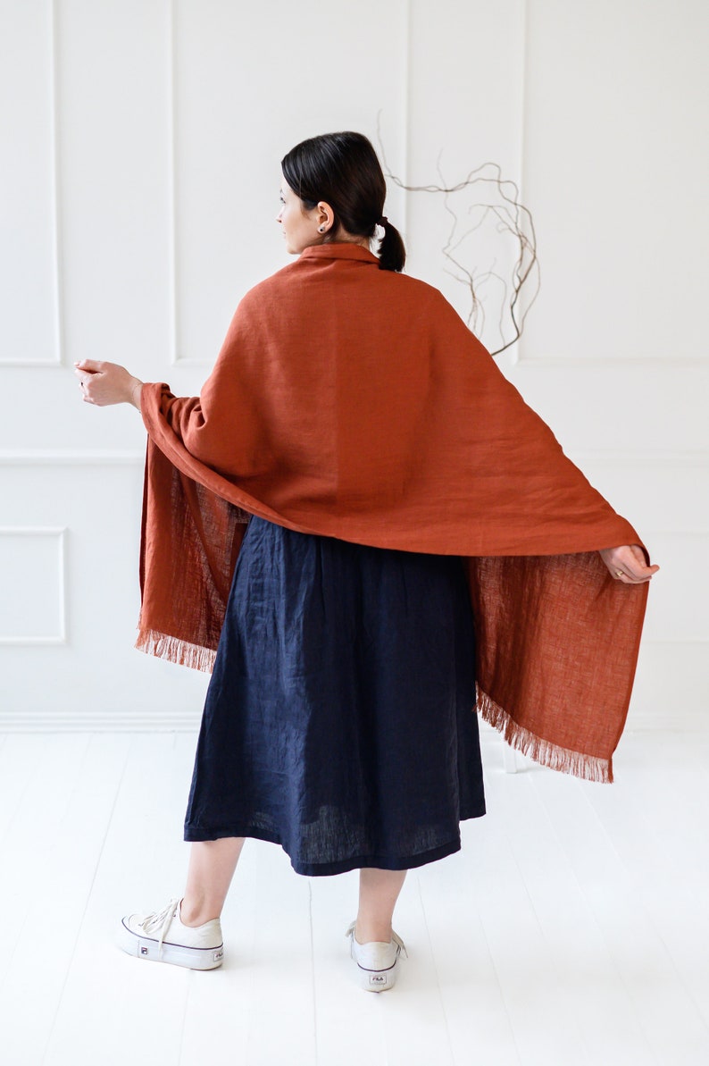 Wide linen scarf with pockets and button, wide and long white yellow red rust pink green linen shawl, blue black coral oversized linen scarf image 8