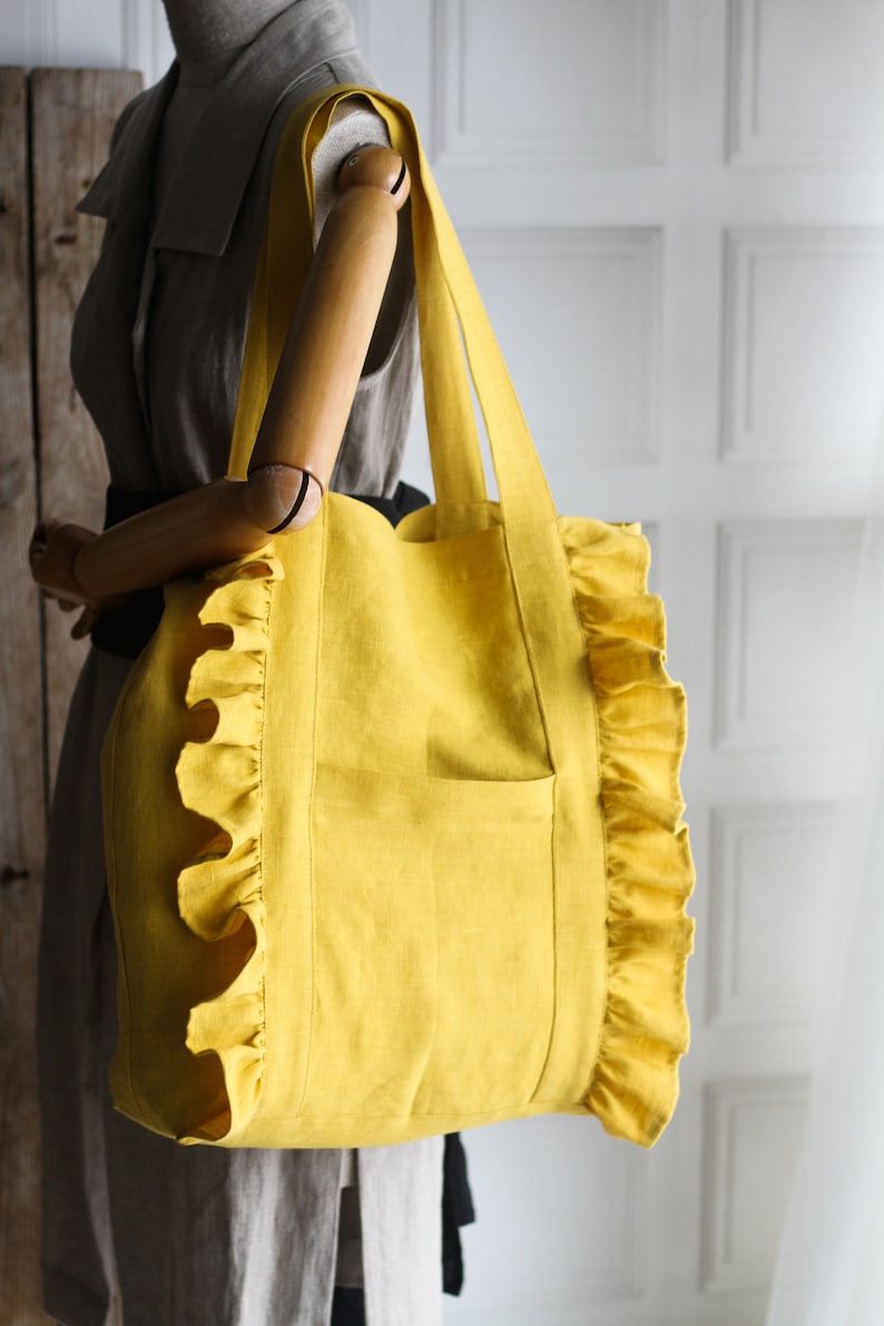 Ruffled tote bag from linen, linen shopping with ruffles custom color, with zipper and ruffles, linen lovely tote bag, image 3