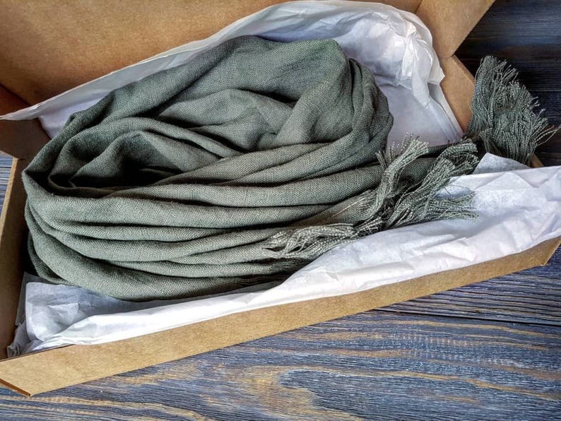 Long Moss Green Linen Scarf Softened Linen Unisex Scarf Long Etsy