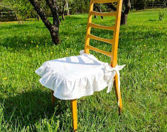 Coprisedia in lino bianco, coprisedia arruffato, coprisedia in lino stonewashed con volant, coprisedia shabby, fodera per sedia rustica in lino