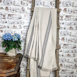 Heavy raw linen blanket, softened rustic linen blanket, burlap fringed linen blanket, grain linen beach throw, raw linen throw cover vintage