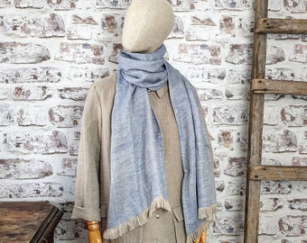 Blue linen scarf, softened linen unisex scarf, long black linen scarves, fringed blue scarf for men linen scarf for women