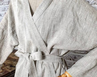 Melange linen bath robe, soft linen kimono robe, stonewashed linen white black beige blue green long robe, raw linen clothes, linen bathrobe