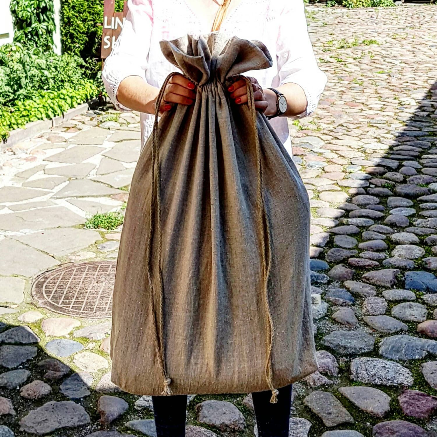 Linen Laundry Bag, Large Beige Raw Linen Handmade Bag, Flax Fabric