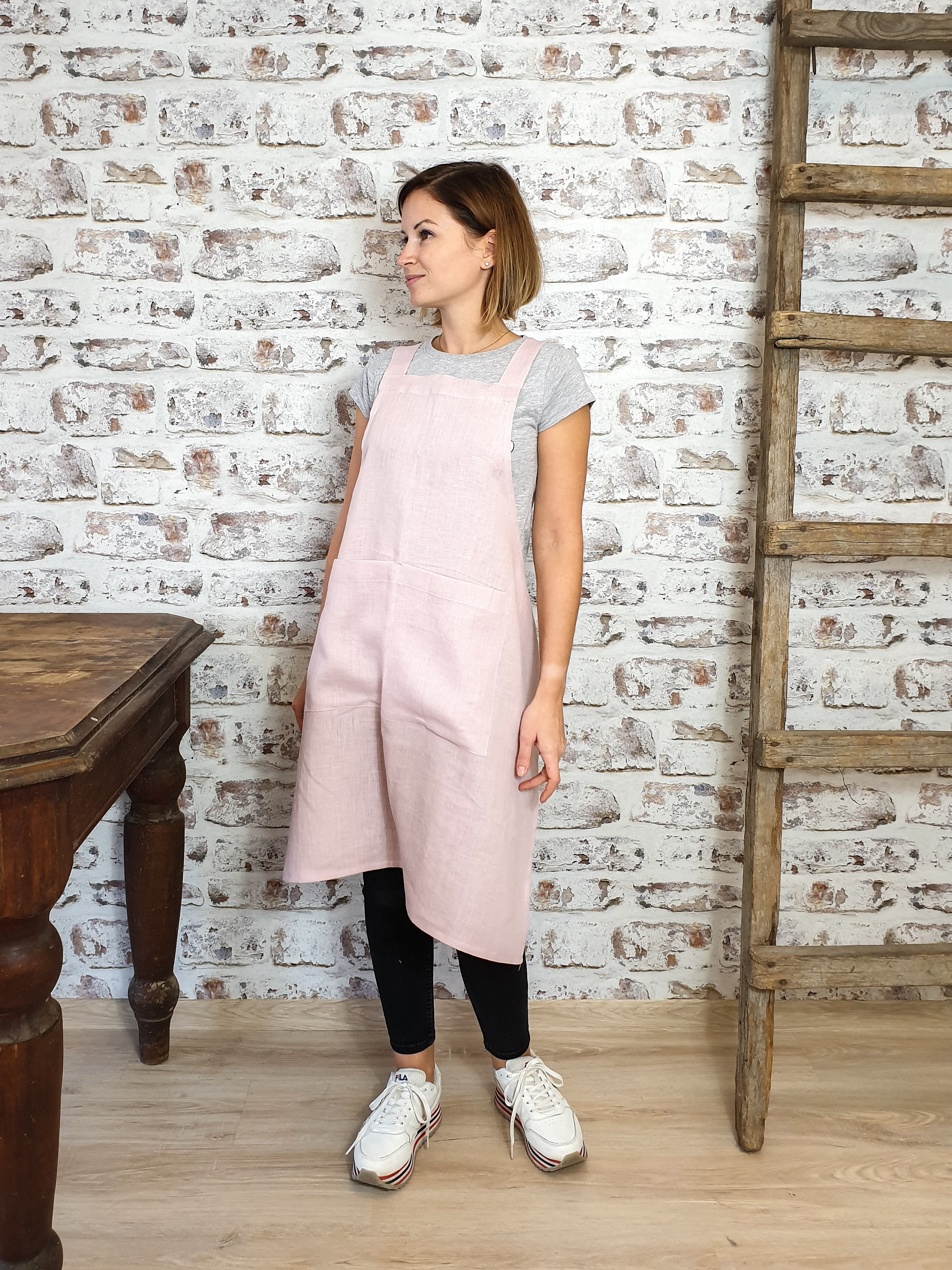 Cross Back Linen Apron, Japanese Style Linen Apron, No Ties Washed