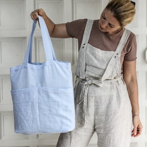 Natural linen tote bag, black mint white denim red yellow rust pink linen shopping bag, oversized linen beach bag, market bag, reusable bag image 4