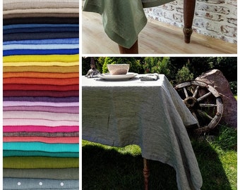 Washed linen tablecloth many COLORS off white beige blue black green yellow purple pink stonewashed tablecloth wide hem mitered corners
