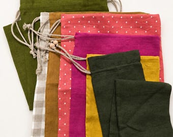 Set of 7pc linen bag, zero waste bag, set of reusable storage bag with handmade flax cord, samplesale