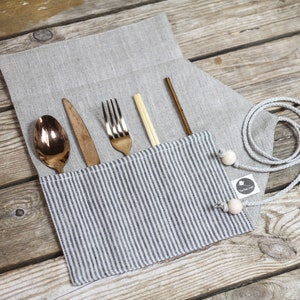 Linen cutlery roll, travel utensil case, cutlery bag for lunch, reusable utensil pouch, zero waste lunch bag, raw linen silverware keeper