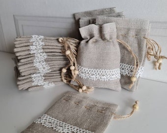 Set of 10pc natural rustic linen bags with lace decor, zero waste drawstring bag set, favor linen bag set, rough texture linen decor bags