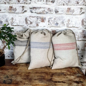 Rustic linen bread bag, grain sack style striped linen bread loaf bag with handmade flax cord organic vegan food storage bag, raw linen sack imagem 4