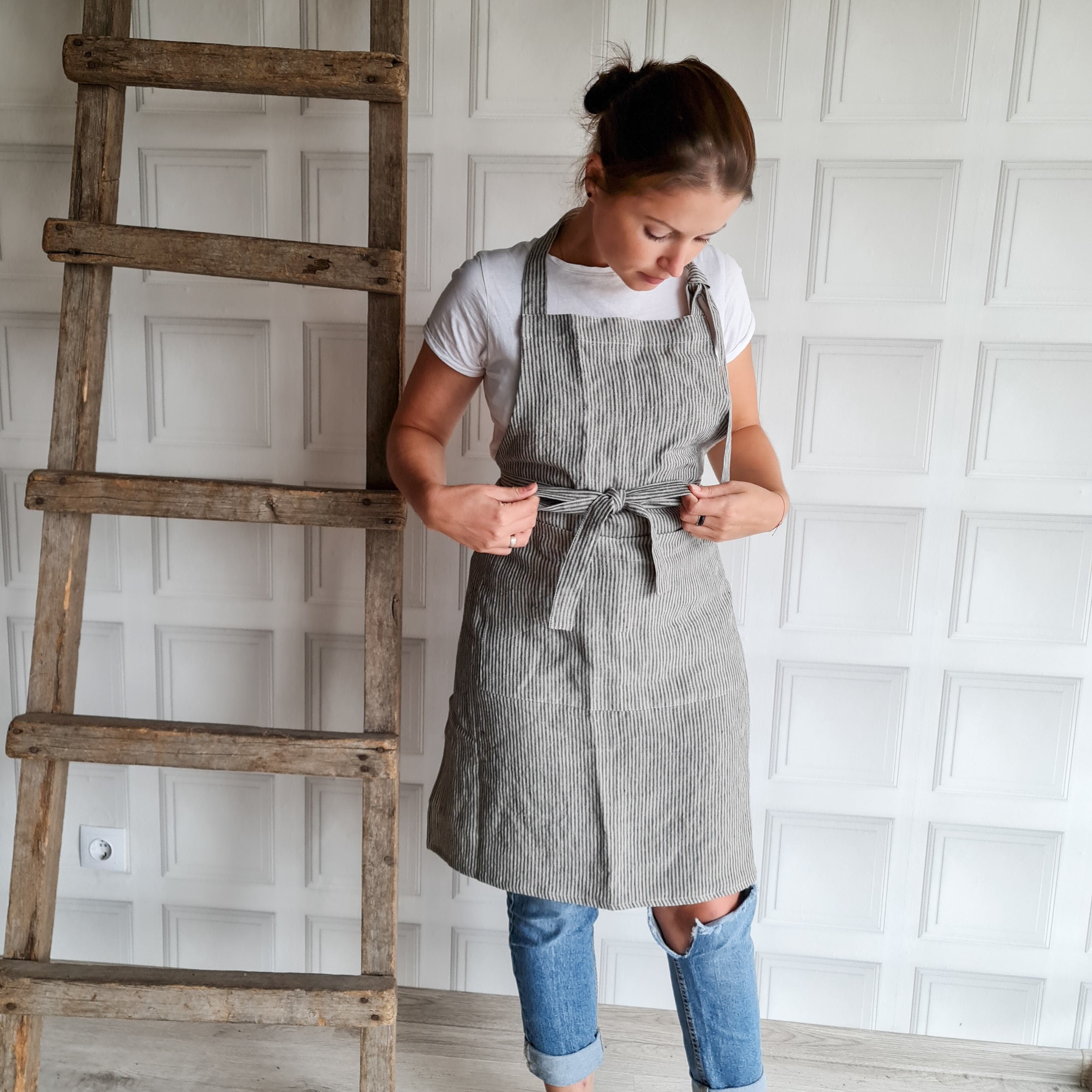 Striped Linen Apron, Linen Kitchen Dress, Rustic Linen Apron With