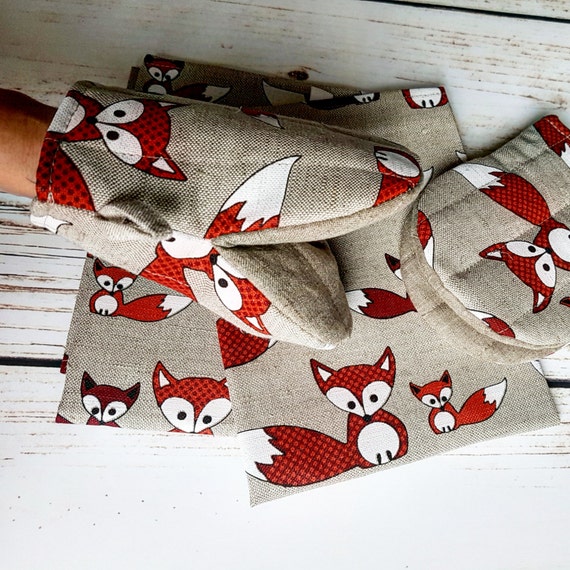 Linen Oven Gloves and Kitchen Towels, Set of 2 Tea Towels and 2 Linen Oven  Mittens, Linen Mitts and Towels With Foxes, Grill Gloves With Fox 