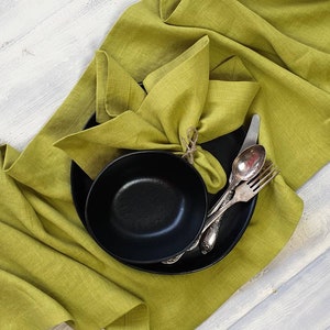 Chartreuse linen napkins set, chartreuse yellow green stonewashed dinning napkins with wide edge and mitered corners, linen wedding napkins image 1