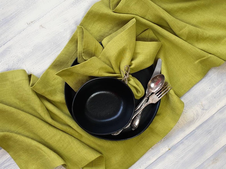 Chartreuse linen napkins set, chartreuse yellow green stonewashed dinning napkins with wide edge and mitered corners, linen wedding napkins image 1