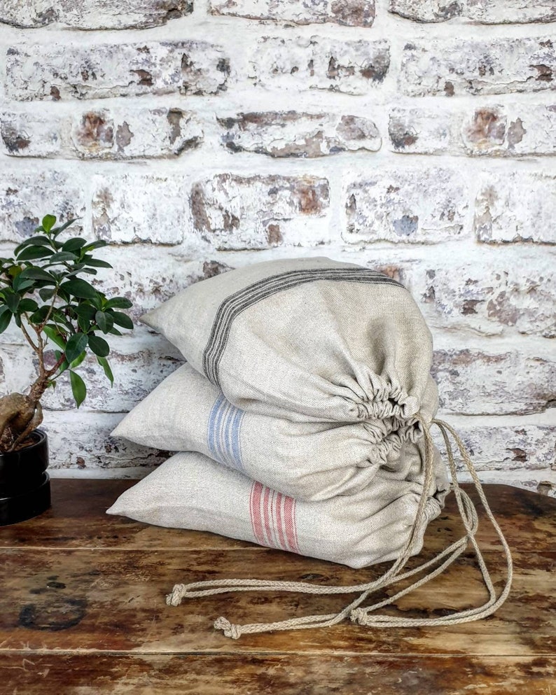 Rustic linen bread bag, grain sack style striped linen bread loaf bag with handmade flax cord organic vegan food storage bag, raw linen sack image 1