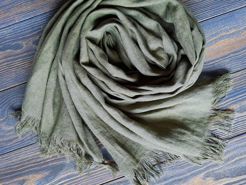 Long Moss Green Linen Scarf Softened Linen Unisex Scarf Long Etsy