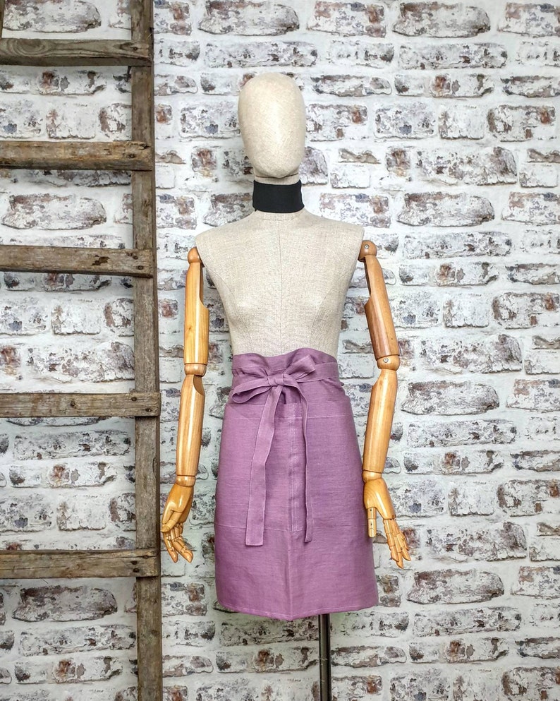 Linen waist apron, natural linen long bistro apron, kitchen dress, raw linen half apron with pockets, daily linen vintage rustic man woman image 7