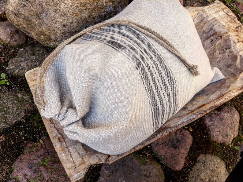 Rustic linen bread bag, grain sack style striped linen bread loaf bag with handmade flax cord organic vegan food storage bag, raw linen sack imagem 9