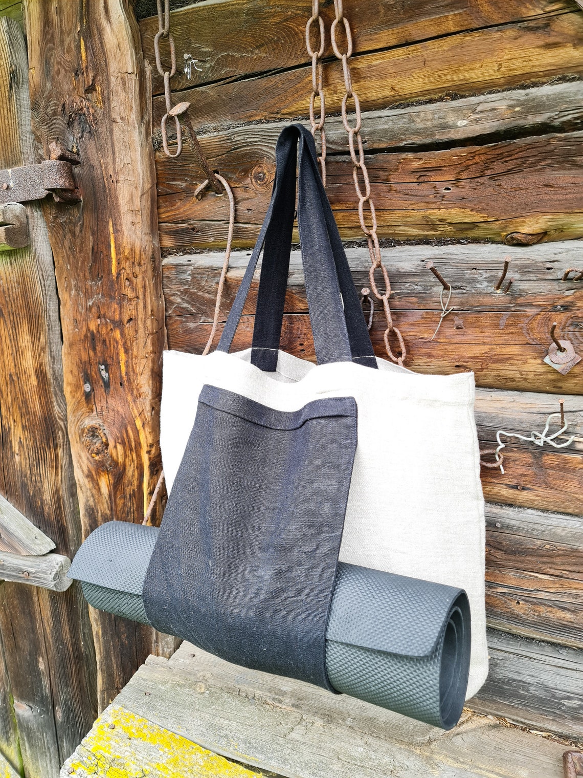 Linen Yoga Bag Rough Linen Tote Bag With Yoga Mat Pocket Etsy