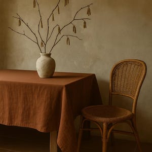 May include: A dining scene with a terracotta linen tablecloth on a wooden table. A woven rattan chair is positioned beside the table. A beige vase holds branches with hanging seed pods.