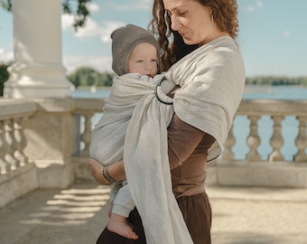 Fascia per anello per bambini in lino a righe, anello per imbracatura per bambini, impacco per bambini in lino naturale, marsupio, anello per bambini in lino pastello beige bianco