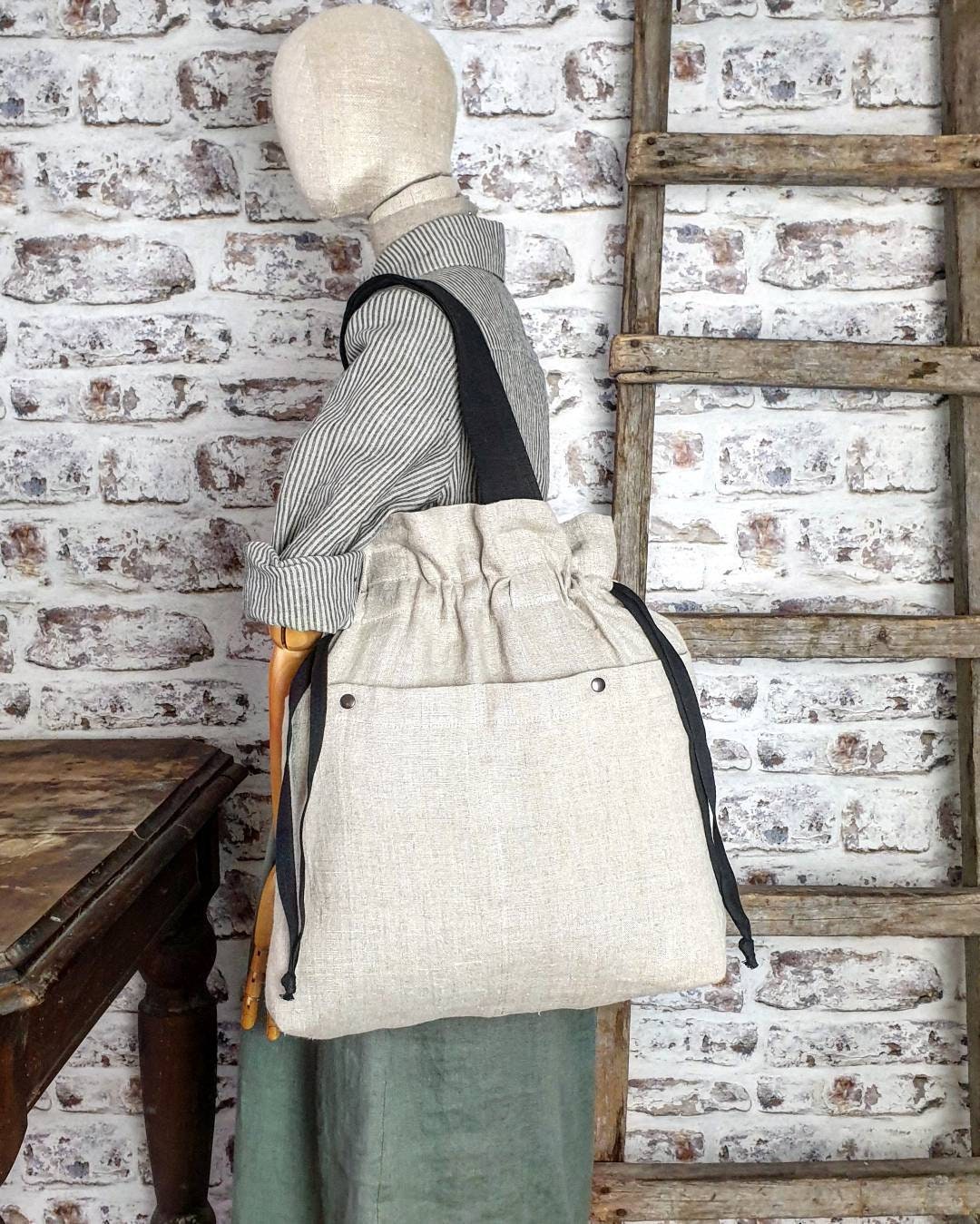 LAGRE WOODY TOTE BAG 45 IN BEIGE LINEN CANVAS WEBBING LOGO EMBROIDER COTTON WHITE CALFSKIN
