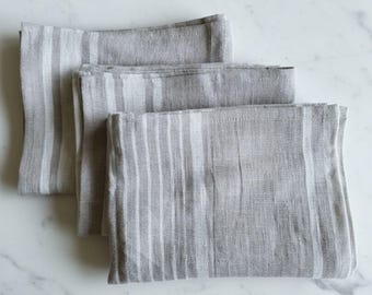 Set of 3 French Stripe Linen kitchen towels, Striped dining tea towel set