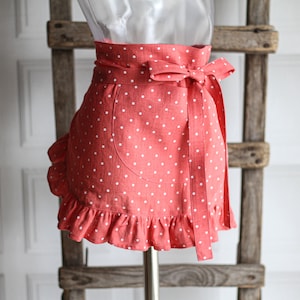 Ruffled linen bistro apron, natural linen kitchen ruffle dress, linen apron with ruffles and pocket, daily linen vintage rustic half apron