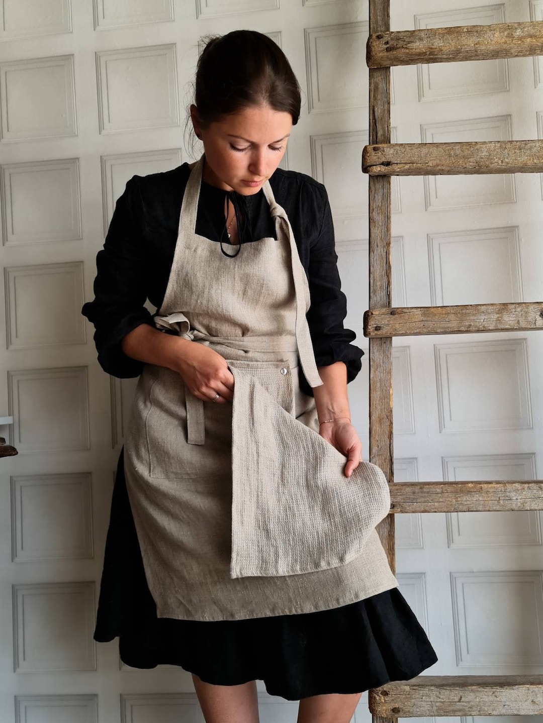 Rough Linen Apron With Towels, Rustic Linen Kitchen Apron Set, Chunky