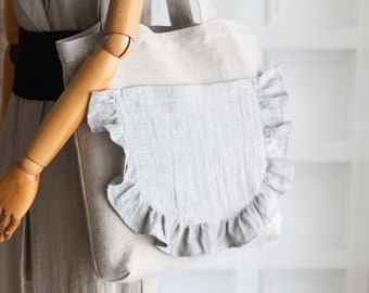 Einkaufstasche aus Leinen mit Rüschentasche, natürliche Leinentasche mit Reißverschluss und Rüschen, süße rustikale Leinentasche