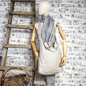 Linen shopping bag, natural linen tote bag, burlap shoulder tote bag, cross body market bag, linen beach bag, rustic tote bag with pockets