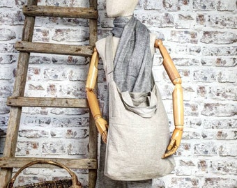 Linen shopping bag, natural linen tote bag, burlap shoulder tote bag, cross body market bag, linen beach bag, rustic tote bag with pockets