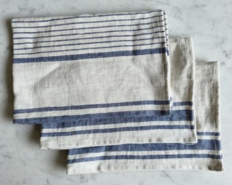 Set of 3 French Stripe Linen kitchen towels with black, red, blue or green stripes