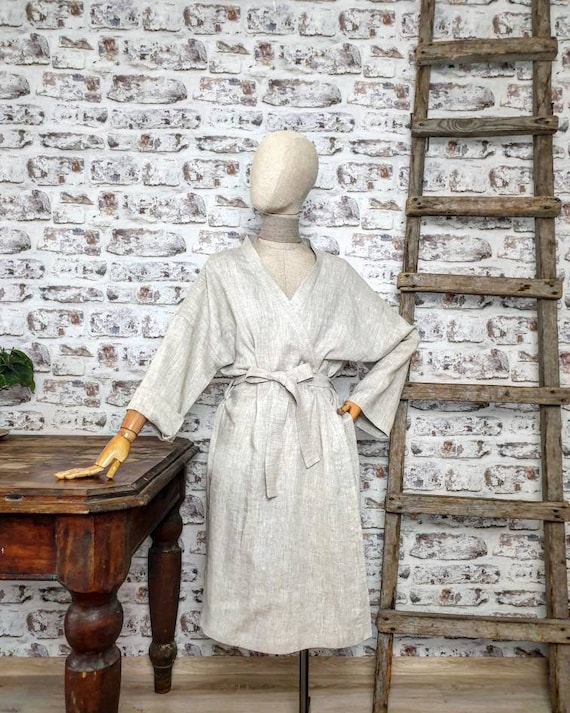 Melange Linen Bath Robe Soft Linen Kimono Robe Stonewashed Linen