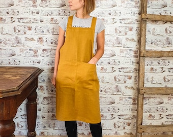 Кросс задний льняной фартук, японский льняной фартук, без галстуков стирка льняной фартук, горчичный крест поверх льняного фартука, пинафор садовый фартук