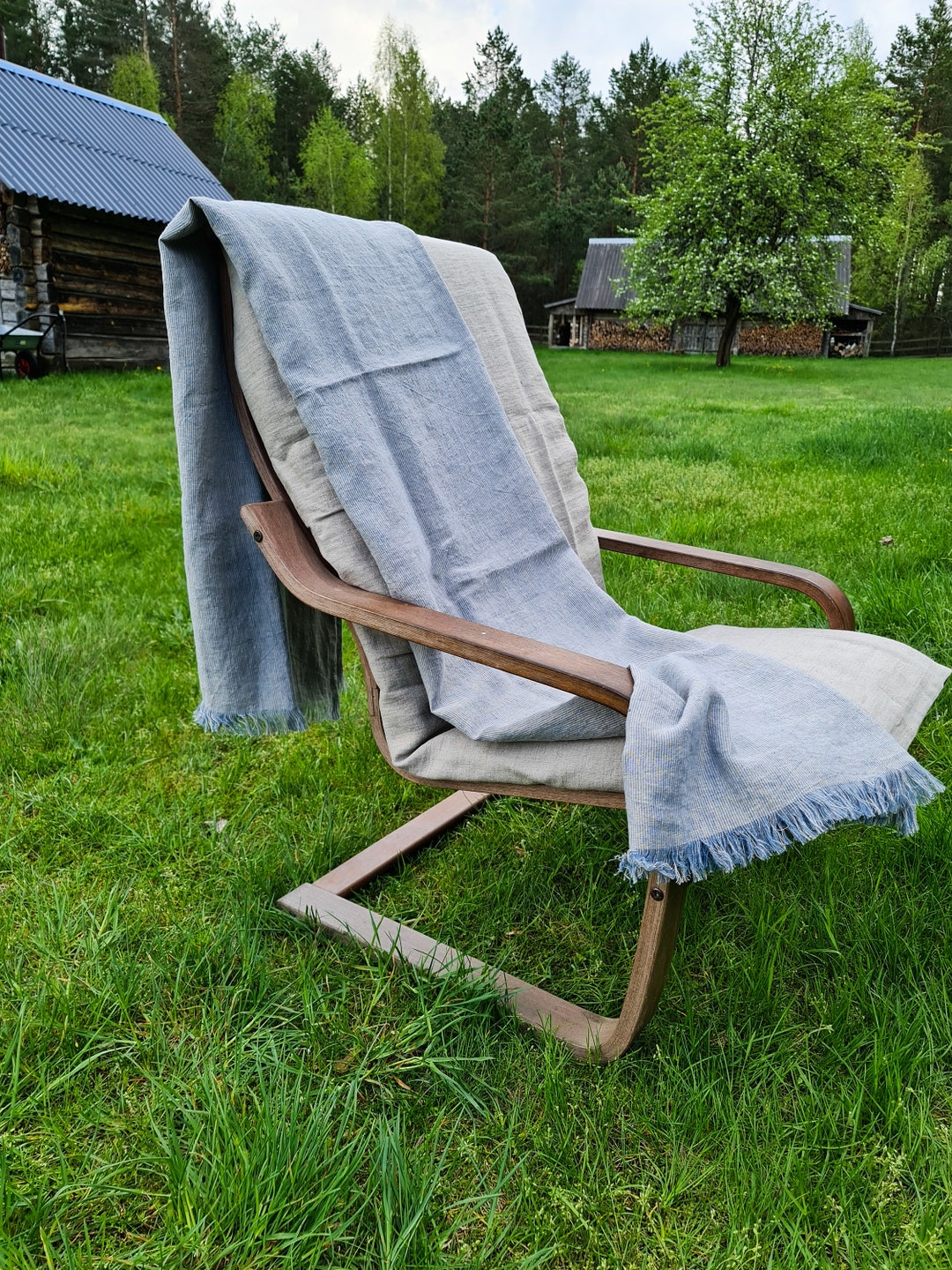Blue Striped Linen Blanket, Softened Blue Beige Linen Blanket, Striped