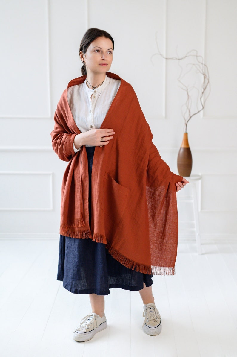 Wide linen scarf with pockets and button, wide and long white yellow red rust pink green linen shawl, blue black coral oversized linen scarf image 1