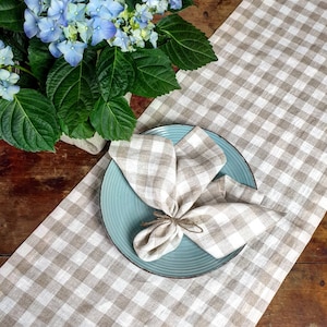 Gingham white linen table runner, checked linen white beige stonewashed farmhouse table center wide hem mitered corners, rustic linen runner