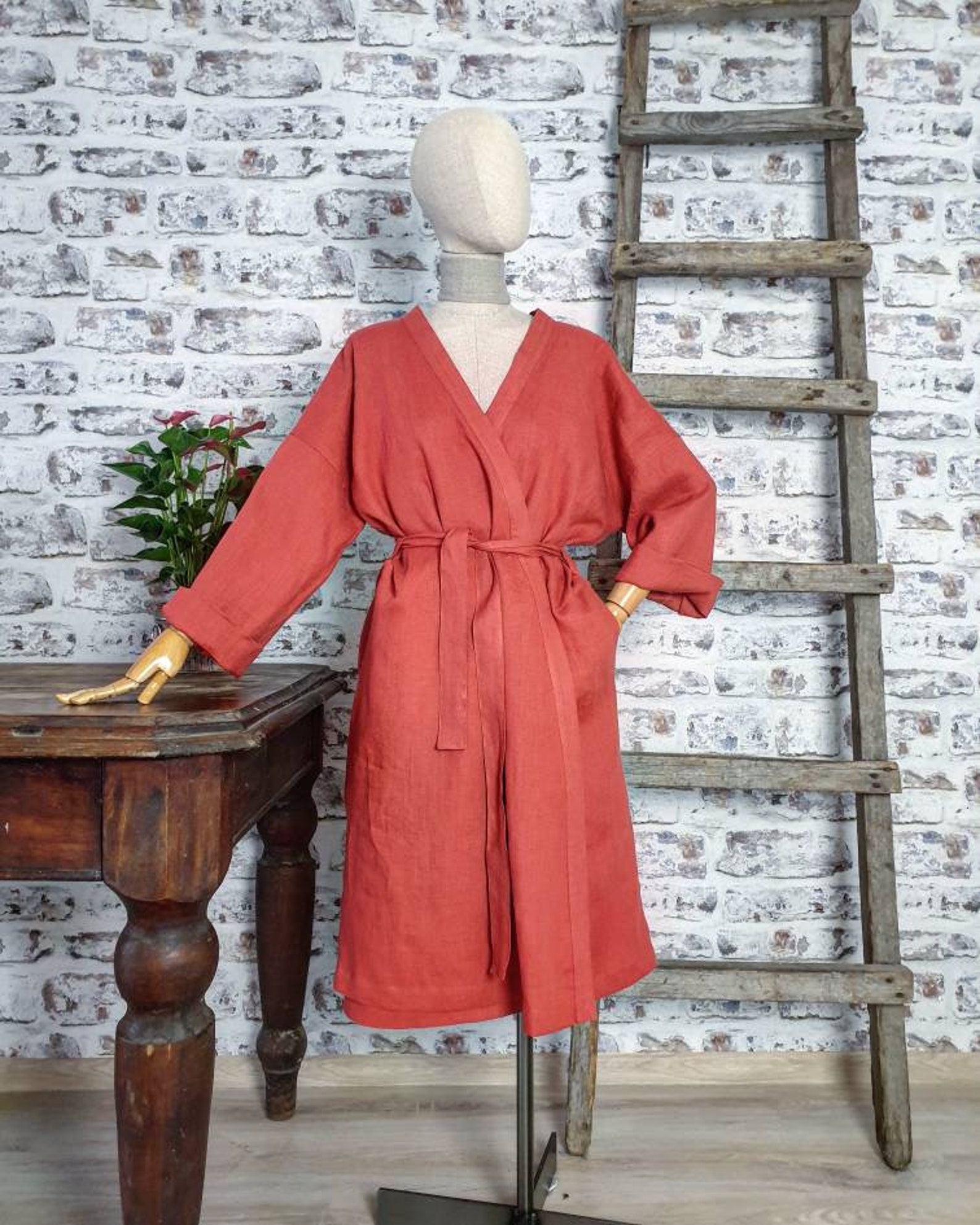 Linen Bath Robe, Soft Natural Linen Kimono Robe, Stonewashed Linen