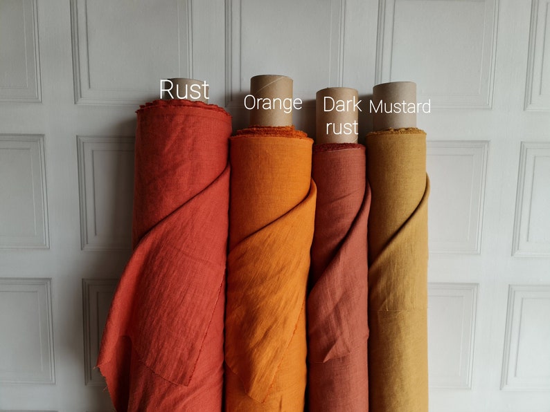 Custom color linen fabric, softened washed burnt orange linen fabric for clothes for bedding, brick red dark rust green linen by the meter image 1