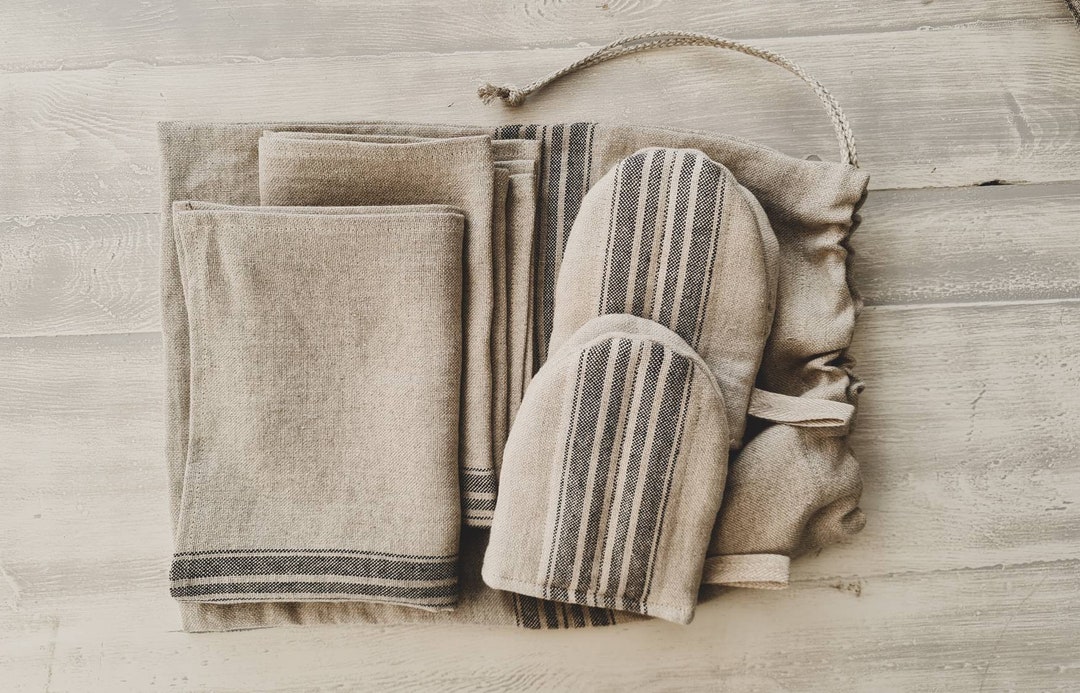 Burlap linen kitchen set - towels, oven gloves and bread bag, rough texture oven gloves set of 2, linen mitts set of 2, linen bread loaf bag