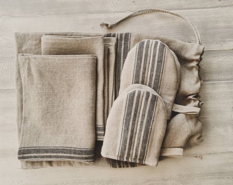 Burlap linen kitchen set - towels, oven gloves and bread bag, rough linen oven gloves set of 2, linen mitts set of 2, linen bread loaf bag