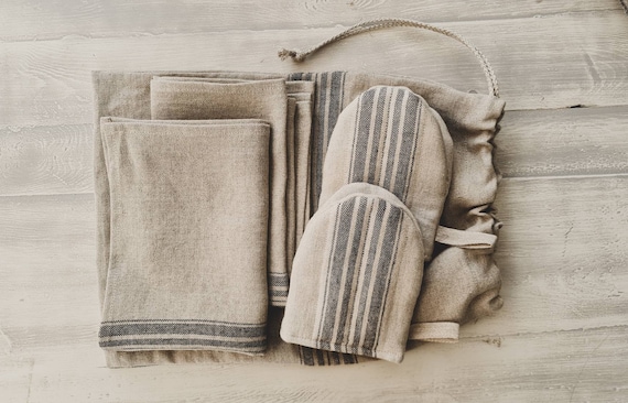 Burlap linen kitchen set - towels, oven gloves and bread bag, rough texture oven gloves set of 2, linen mitts set of 2, linen bread loaf bag