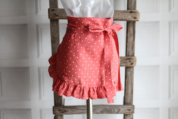 100%リネン製のフリル付きエプロン、ナチュラルリネンのハーフ