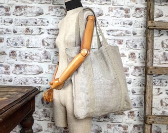 Linen shopping bag with woven linen handles and pocket, big rustic linen tote bag, burlap oversized shopping bag, rust beach bag with pocket