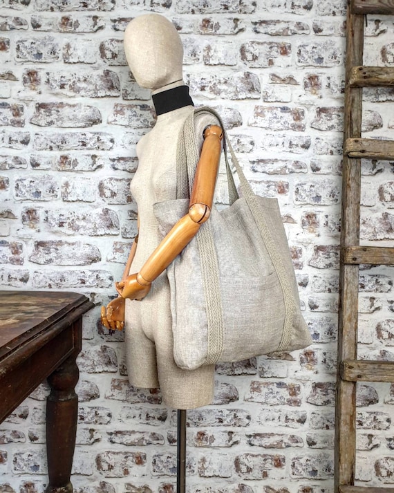 Große Einkaufstasche aus Leinen mit gewebten Leinengriffen und Tasche, große rustikale Einkaufstasche aus Leinen, übergroße Einkaufstasche aus Sackleinen, rustikale Strandtasche mit Tasche