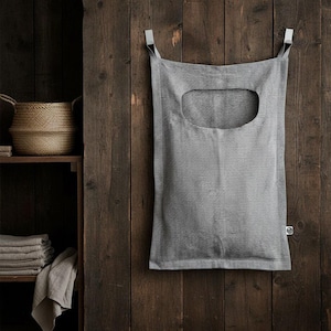 Linen laundry door bag, striped laundry hamper bag, raw linen hanging laundry bag, linen dorm bag hanging on the door, linen bathroom bag